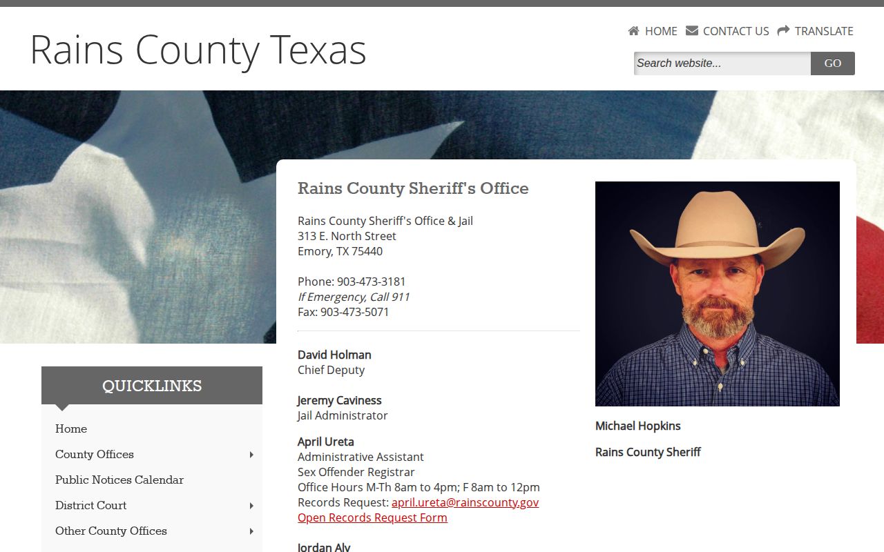 Rains County Jail official sheriff contact and booking-record source