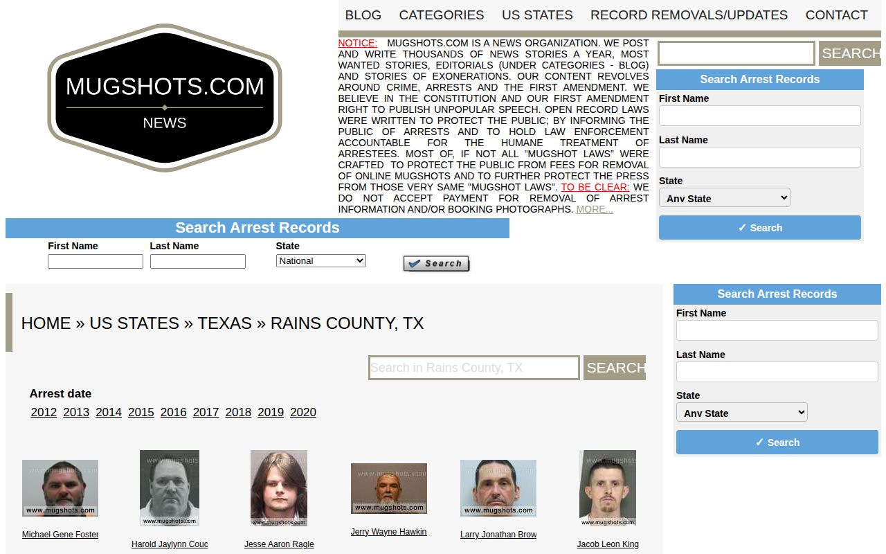 Unofficial historical Rains County booking-record page with custody warning