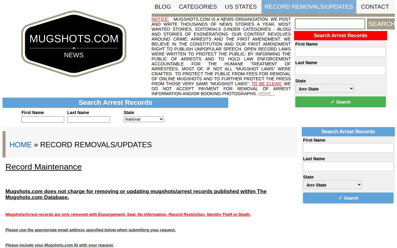 Mugshots.com free record-maintenance policy for Rains County historical entries