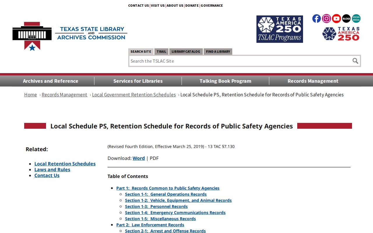 Texas local retention schedule for Rains County arrest and booking records