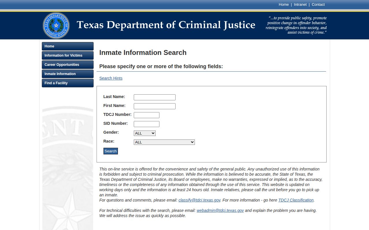 Texas Department of Criminal Justice locator for Rains County state custody records